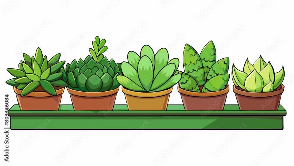 Sticker a collection of succulent plants neatly arranged in a row on a windowsill. they all have different s