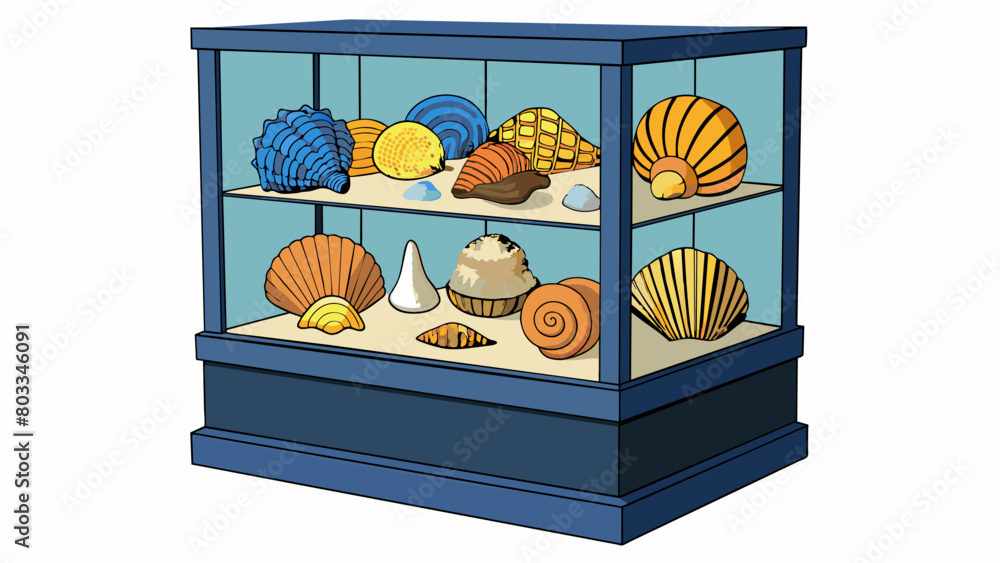 Poster A collection of seashells ranging in size and color displayed in a glass cabinet. Each shell is different with its own intricate patterns and textures. Cartoon Vector