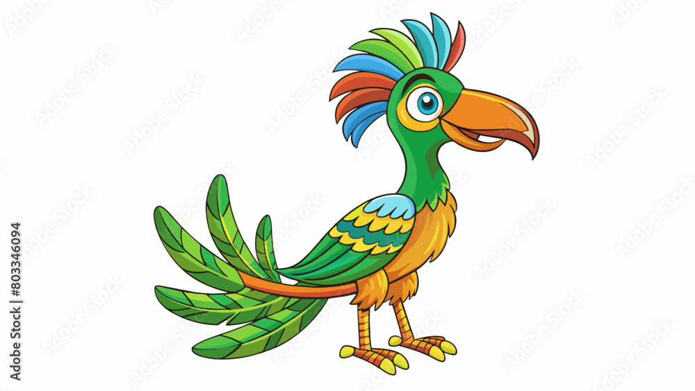 Poster A colorful bird with a long curved beak and vibrant patterned feathers darting between the branches of a tropical rainforest its rapid movements. Cartoon Vector