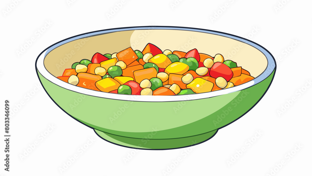 Poster A colorful mix of diced bell peppers shredded carrots and tender chickpeas tossed in a zesty vinaigrette dressing.. Cartoon Vector