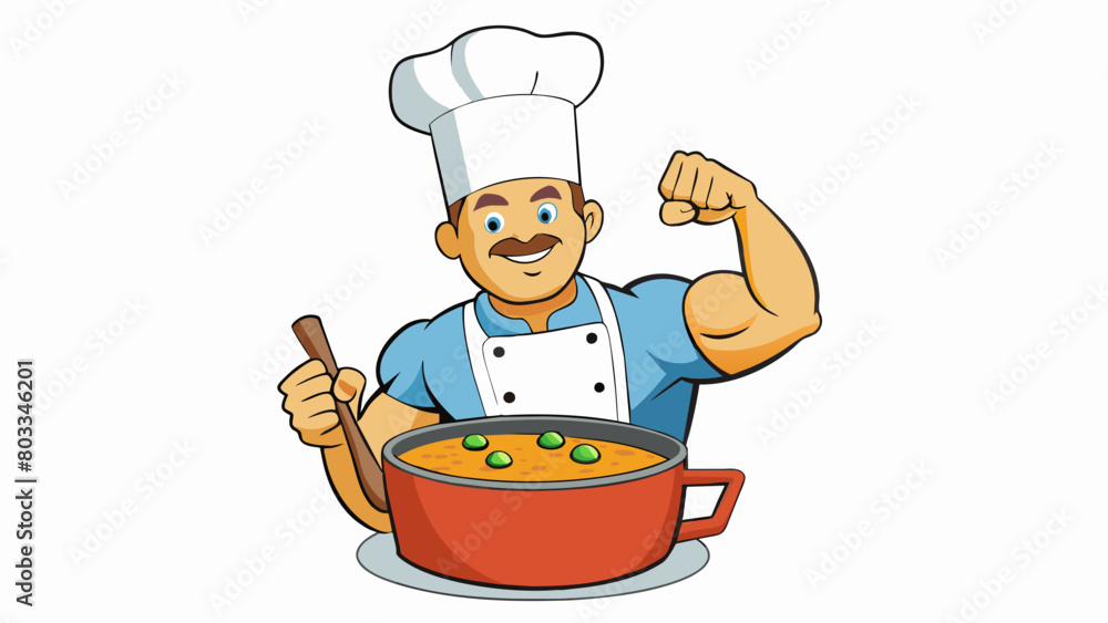 Poster A cook stirring a pot of thick soup their arm muscles working hard to ensure the mixture is uniform and smooth.. Cartoon Vector