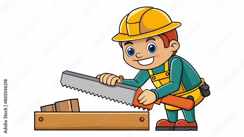 Poster a construction worker using a saw to carefully a piece of wood to fit a specific measurement. the sa
