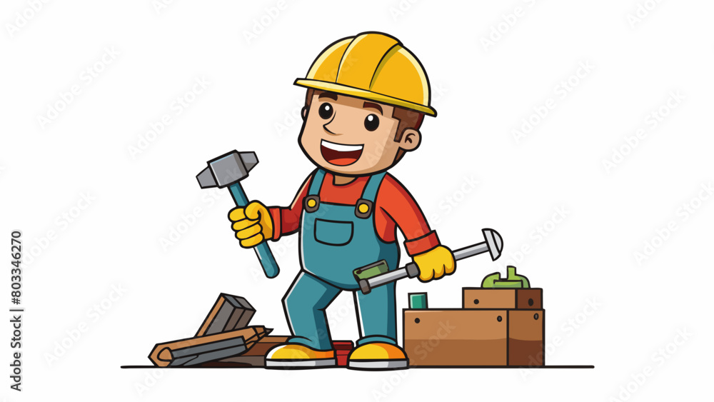 Poster a construction worker on a job site wearing a hard hat and carrying a tool belt filled with various 