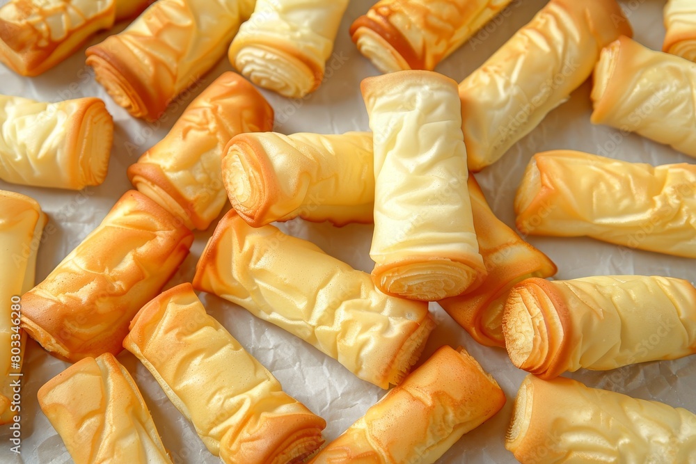 Poster top view of rolled pancakes on a light background with copy space, ideal for text placement