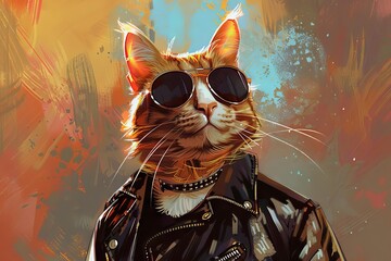 cool cat in sunglasses and leather jacket digital illustration - obrazy, fototapety, plakaty