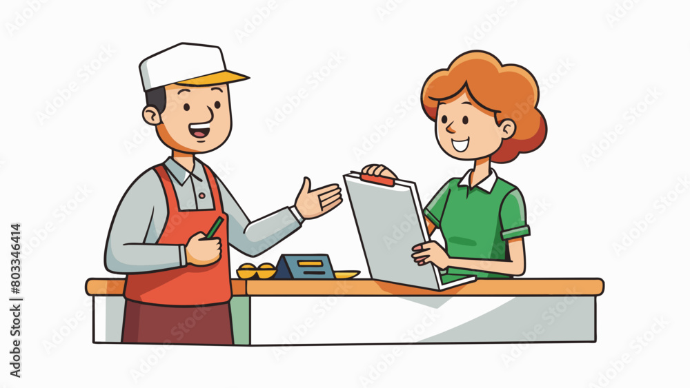 Poster a customer ordering food at a restaurant a person standing at a counter speaking with a staff member