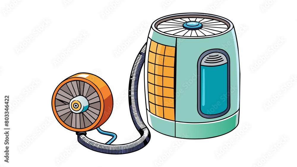 Poster A cylindrical handheld air purifying device with a small fan and filter on one end. The other end has a long hose with a nozzle for directing filtered. Cartoon Vector