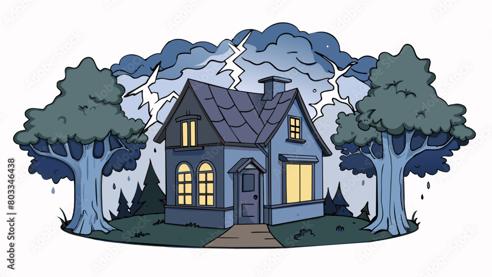 Aufkleber a dark stormy night with lightning illuminating the sky casting shadows on the trees and creating an