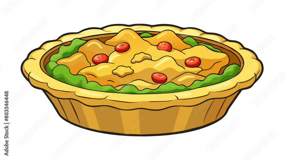 Aufkleber A deep dish pie with a buttery crumb crust overflowing with a creamy mixture of diced vegetables and melted cheese.. Cartoon Vector