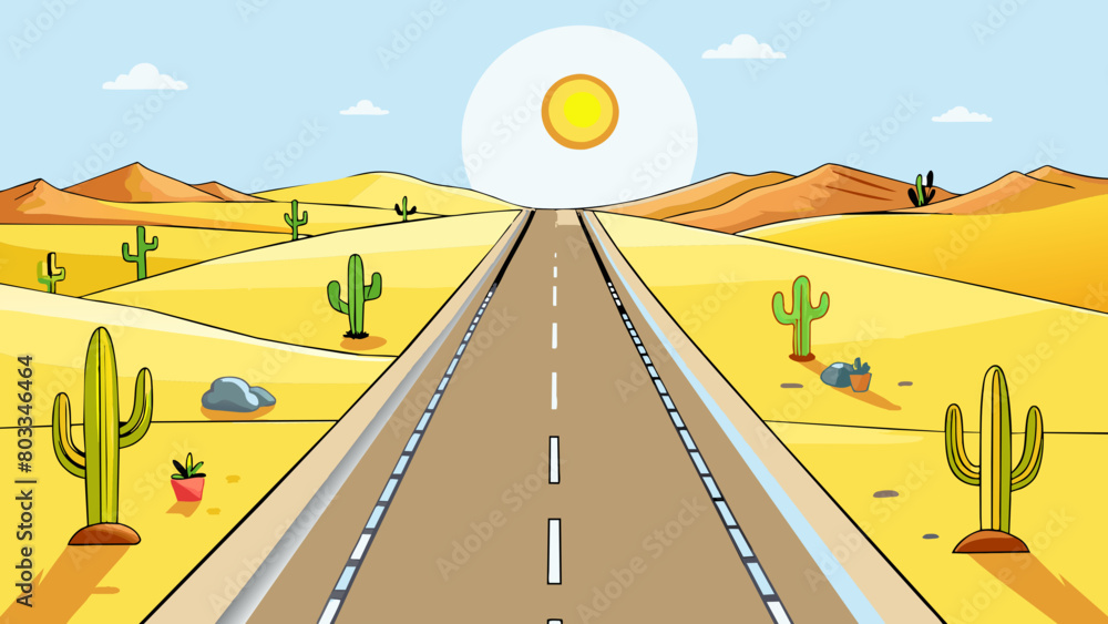 Poster A deserted highway in the middle of the desert with nothing but endless sand dunes on either side. The hot sun beats down on the cracked pavement. Cartoon Vector