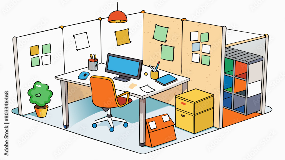 Poster a cubicle in a bustling office cluttered with colorful postit notes pens and pencils and a motivatio
