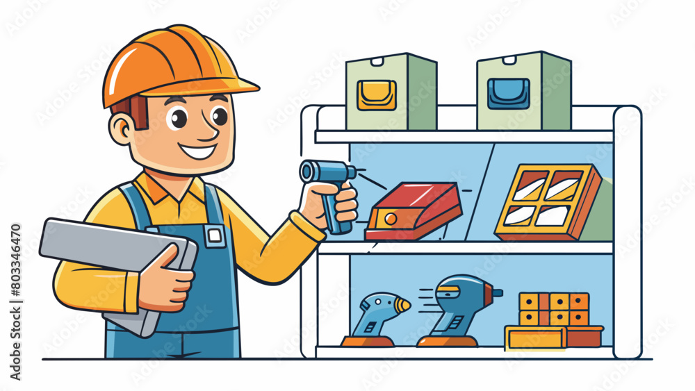 Poster A customer at a hardware store is carefully examining a power tool turning it over in their hands and pressing the buttons to test its functionality.. Cartoon Vector