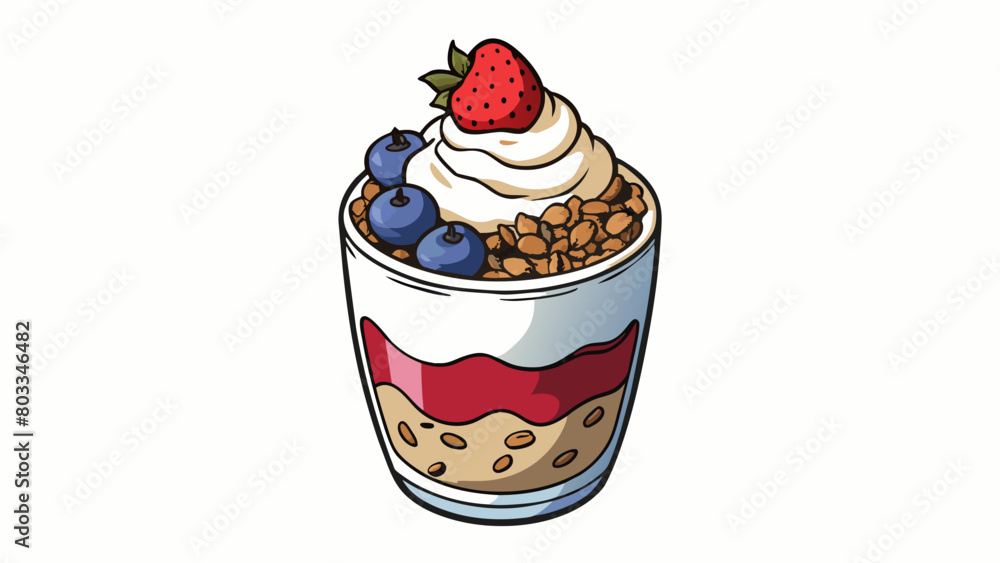 Poster A decadent dessert parfait Layers of creamy vanilla yogurt crumbly granola and ripe mixed berries are stacked in a tall glass. The yogurt is rich and. Cartoon Vector