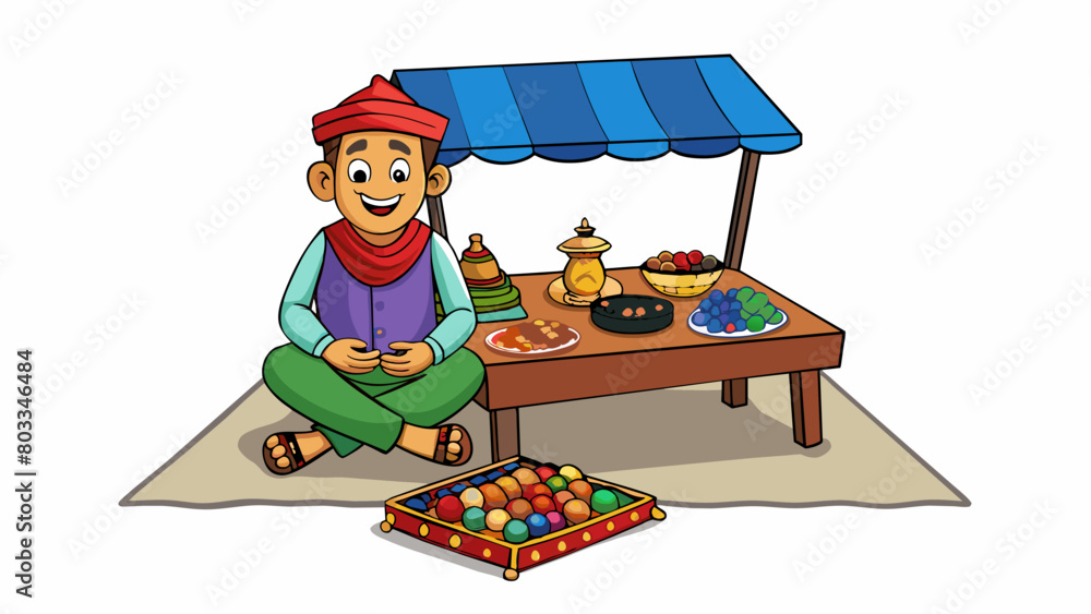 Poster a dealer at a street market in a foreign country sits on a small mat surrounded by an array of color