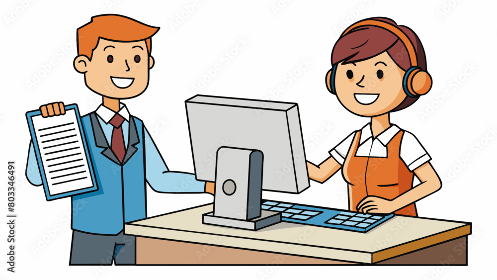 Aufkleber A customer service representative assisting a customer with a return or exchange. They follow a specific process asking for the customers information. Cartoon Vector
