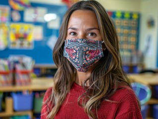 Portrait of a young female teacher wearing a facial mask in a classroom