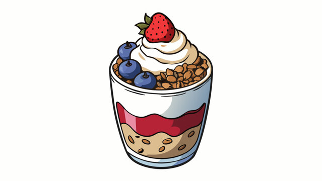 A decadent dessert parfait Layers of creamy vanilla yogurt crumbly granola and ripe mixed berries are stacked in a tall glass. The yogurt is rich and. Cartoon Vector