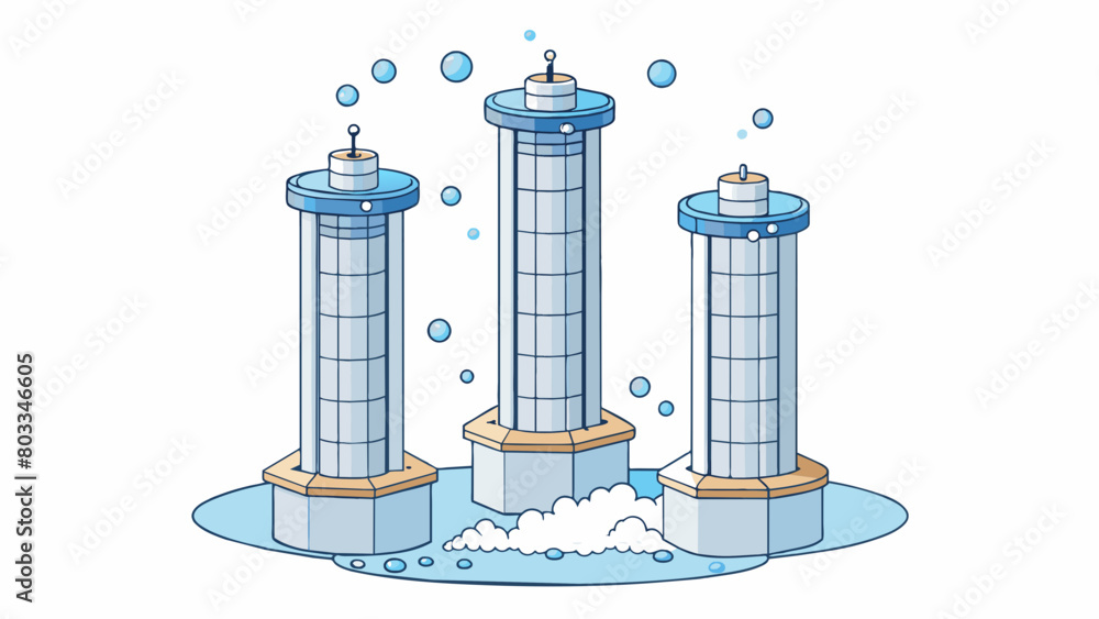 Poster aeration towers rise high above the ground releasing tiny bubbles into the water. these bubbles help