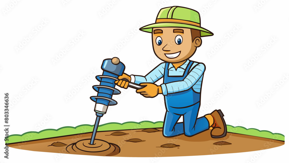 Poster A farmer guided a handheld auger into the soil creating holes for bulbs to be planted. The augers sharp spiraled tip made quick work of the soft earth. Cartoon Vector