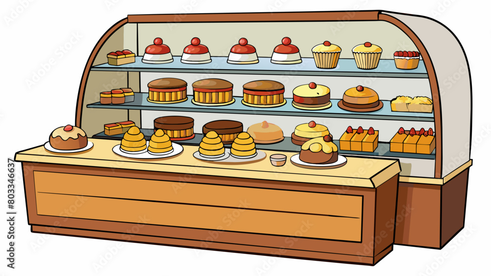 Poster a familyowned bakery with a glass display case showcasing rows of delicious cakes pies and cookies. 