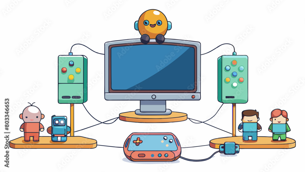 Poster A family room centerpiece with a large highresolution screen and multiple cords connecting it to other devices such as gaming consoles and streaming. Cartoon Vector