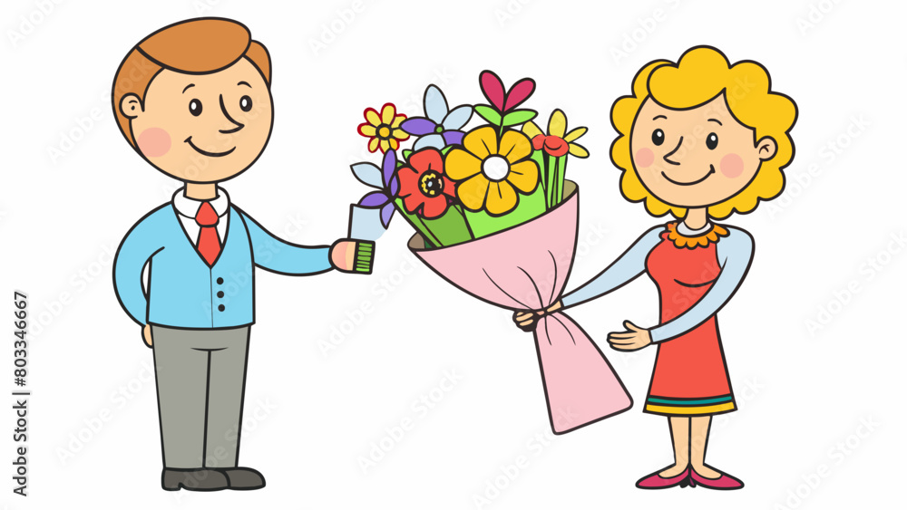 Poster A final example of delivery is a bouquet of flowers being handed over to a smiling recipient. The flowers are arranged in a beautiful vase and have a. Cartoon Vector