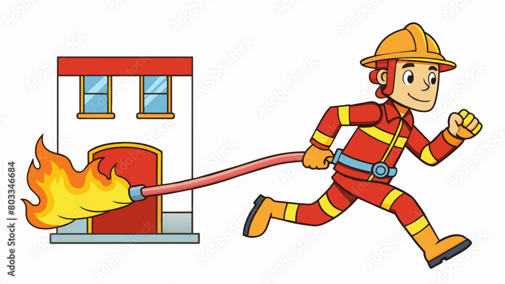 Poster A firefighter running into a burning building armed with only a fire hose and protective gear to save others without regard for their own safety.. Cartoon Vector