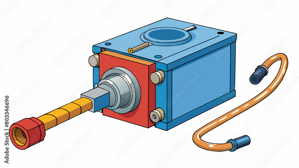 Poster A flat rectangular metal box with a piston extending out of one side and hydraulic hoses connected to the other. As the piston is pushed forward by. Cartoon Vector