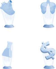 Hologram stylized icons set cartoon vector. Heart, lung, flask and dollar hologram. Future technology