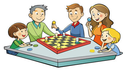 A family playing a board game together each trying to be the first to reach the end and claim victory. Each member has their own unique game piece and. Cartoon Vector