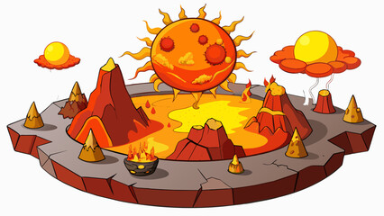 A fiery red world with a scorching sun and billowing volcanoes. The ground is rocky and cracked with pools of molten lava and sulfurous gas.. Cartoon Vector