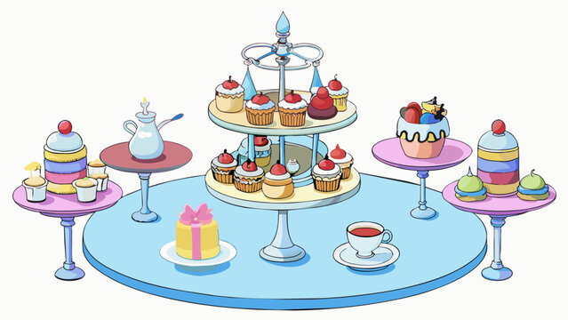 A fancy hightea celebration complete with fine china and delicate finger sandwiches. A tiered stand held miniature desserts of all sorts each one a. Cartoon Vector