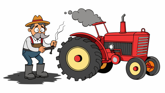 A farmers tractor has broken down in the middle of a field. Its usually vibrant red paint is faded and peeling due to years of use. Thick black smoke. Cartoon Vector