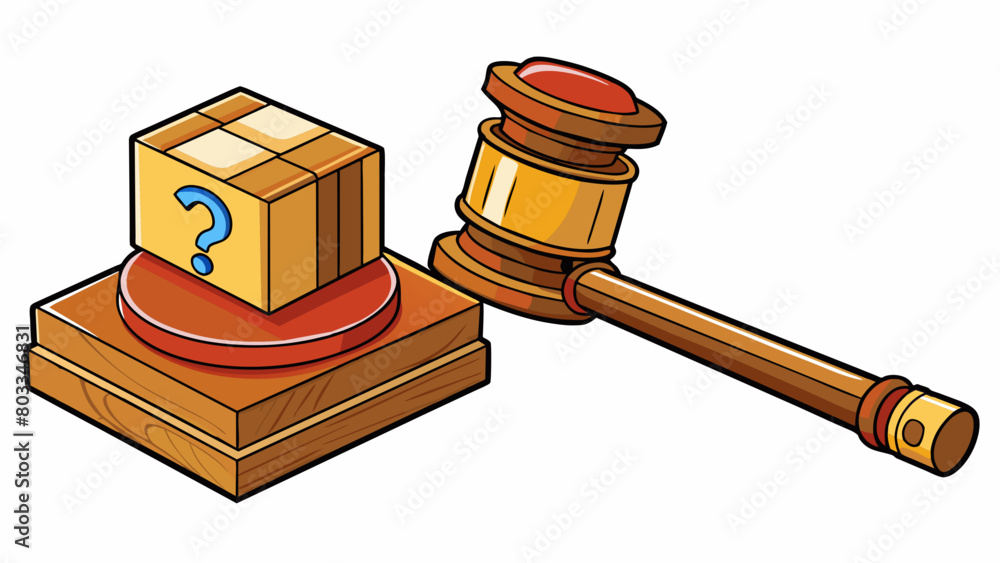 Poster A gavel striking a wooden block portraying the finality and authority of a judgement being made. The wooden block is marked with a question mark. Cartoon Vector