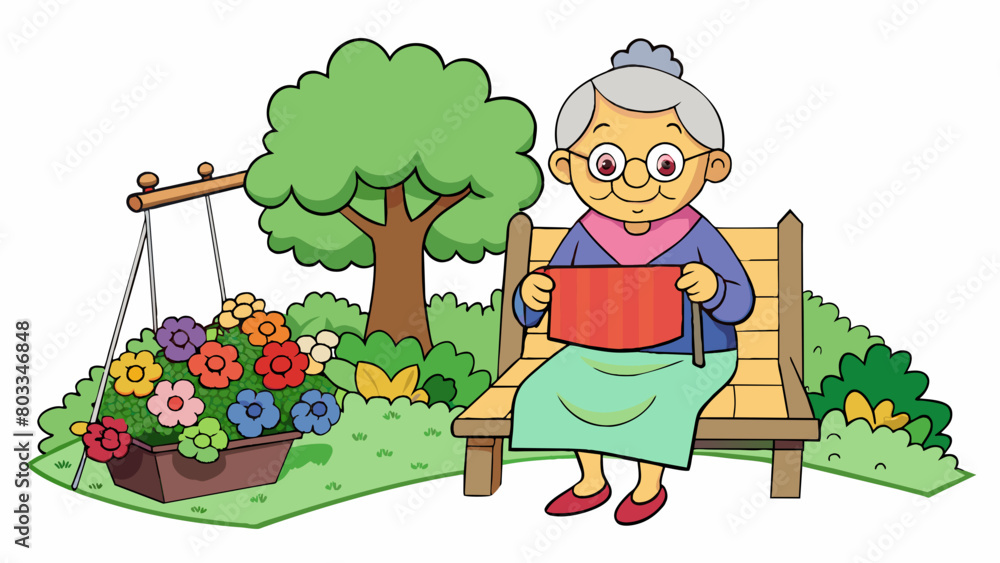 Poster A gentle wrinkled grandmother perched on a porch swing overlooking a lush garden filled with blooming roses and vegetables. As she gently swings back. Cartoon Vector