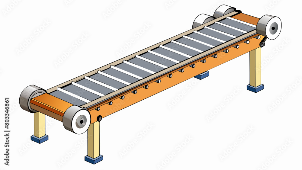 Poster A gravity roller conveyor system consisting of a series of parallel metal rollers p at a slight incline and connected by a frame. The rollers allow. Cartoon Vector