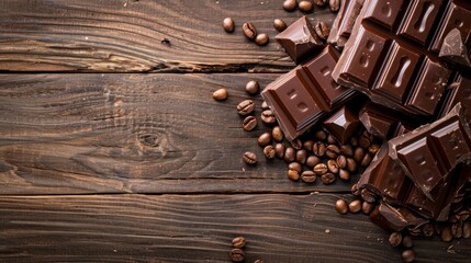 Chocolate pieces with coffee beans on wooden table, copy space