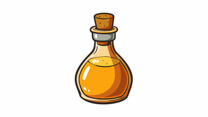 A golden translucent liquid contained in a small bottle with a cork stopper. Its aroma is reminiscent of vanilla and oak and it leaves a warm and. Cartoon Vector