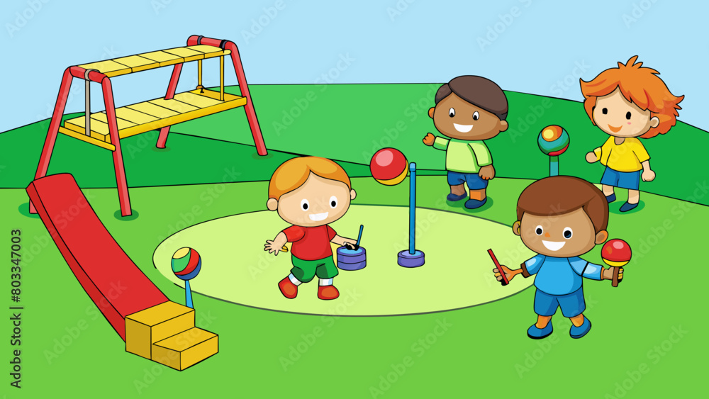 Poster A group of children playing at the park there is a large green lawn with trees and a playground set where the children are running and laughing. The. Cartoon Vector