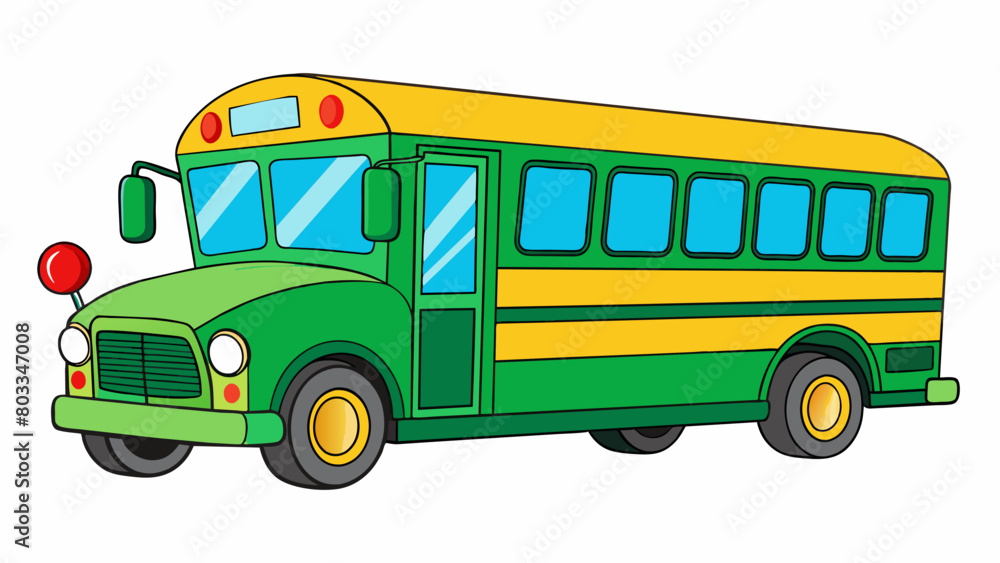 Poster A green and yellow school bus with a rectangular shape and large windows. It has a stop sign that can extend and retract on the side and the doors. Cartoon Vector