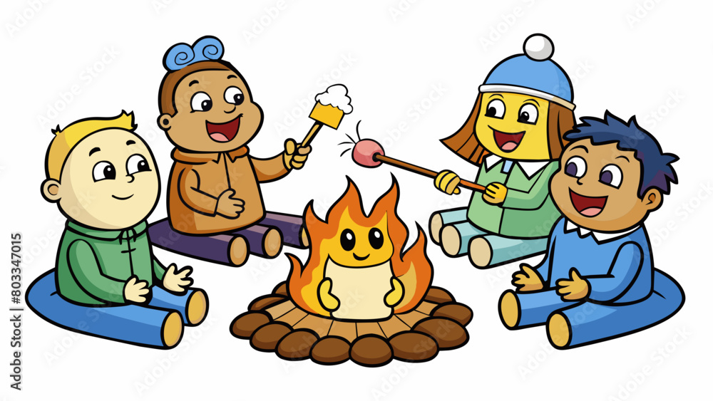Poster a group of friends sitting around a campfire each holding a stick with a marshmallow on the end as t