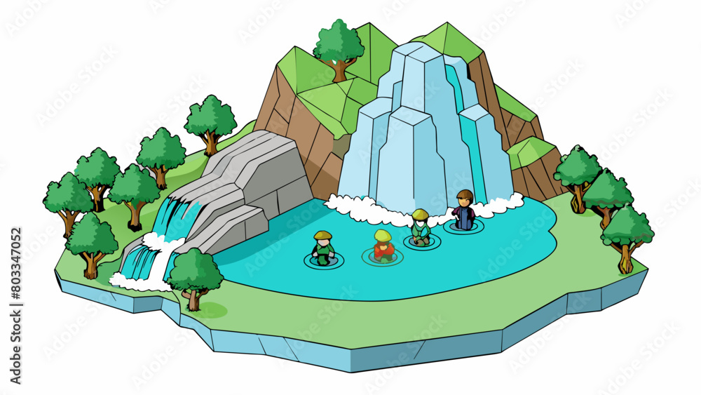 Poster a group of hikers stopped to rest at a lush waterfall marveling at the smooth cool stones and crysta