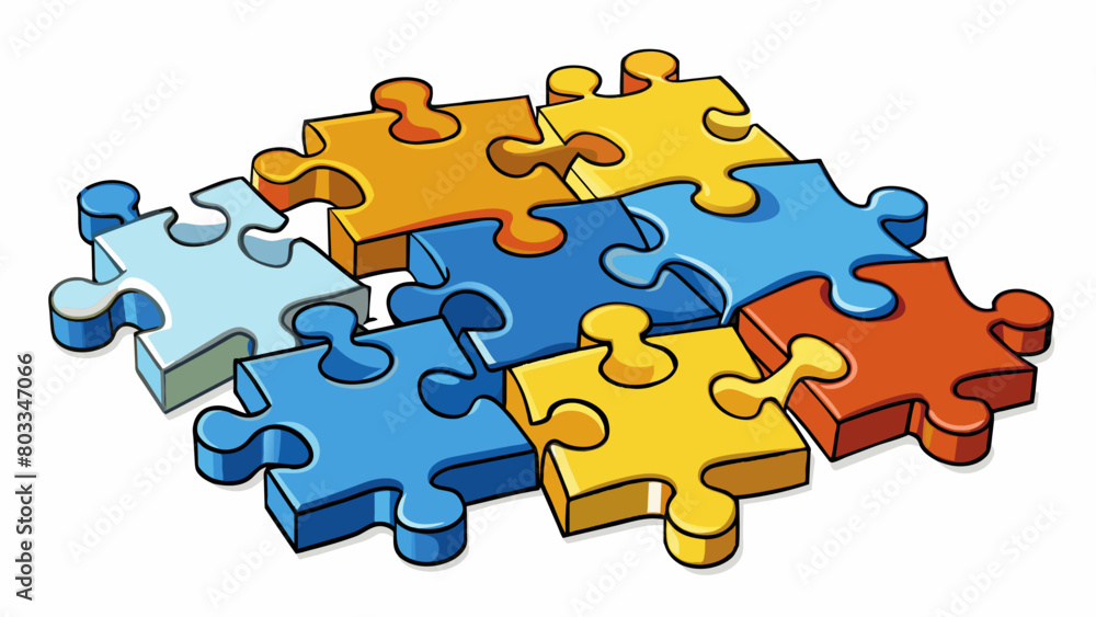 Fototapete A group of puzzle pieces tered on a table representing the challenge of creating an association or connection a seemingly unrelated objects or ideas.. Cartoon Vector
