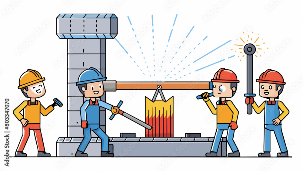 Poster a group of workers in a factory use hydraulic presses and large hammers to shape molten steel into m