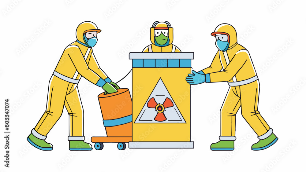 Poster a group of workers wearing fullbody suits and respirators carefully placing small vials of liquid in