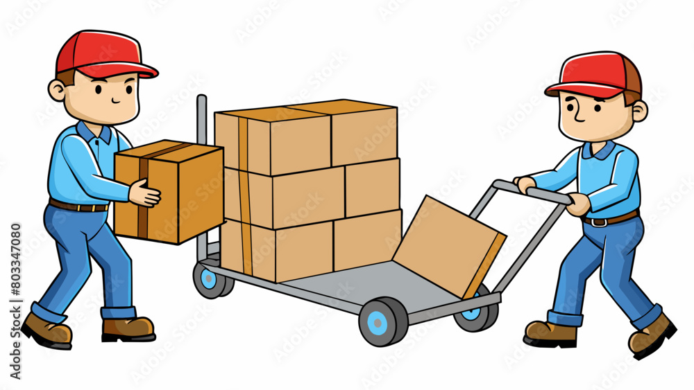 Poster a group of workers using hand trucks to move boxes of books from a storage room to a shipping area. 