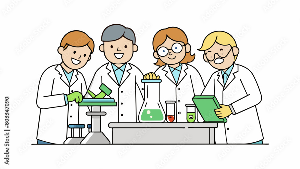 Poster A group of workers in white lab coats huddle around a table covered in labeled vials and beakers. They pick up each one shaking it gently and. Cartoon Vector