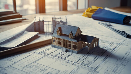 A yellow hard hat rests on top of a set of blueprints.