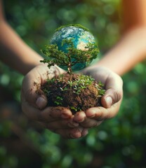 A photo of a person holding a plant with the Earth in the background