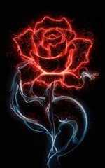 Ethereal Rose: Digital Abstract Masterpiece with Mesmerizing Water Silhouette, Thousands of Glowing Red and Black Particles, Intricate Petal Details, and Harmonious Fluid Tendrils, Symbolizing Harmony